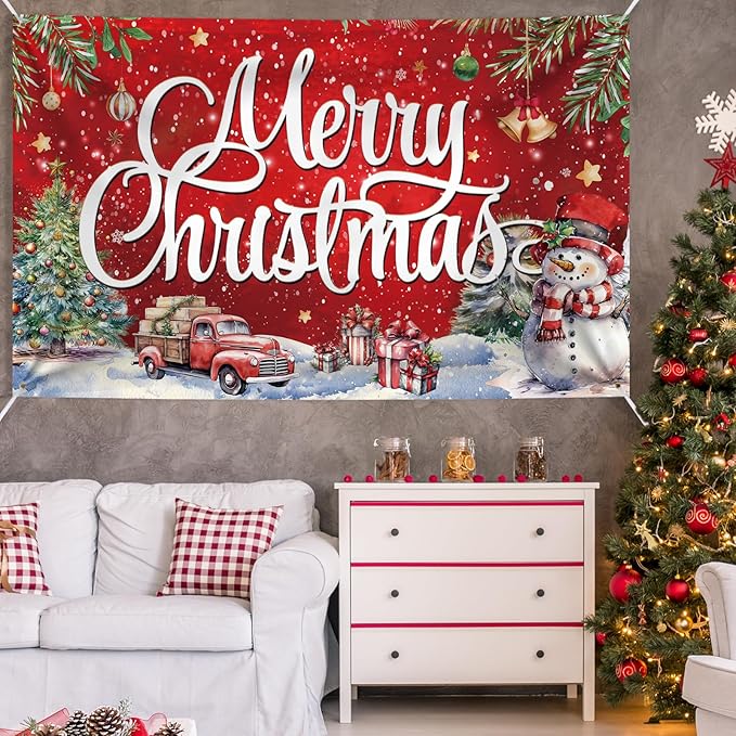 Large Christmas Banner Decorations Red Flag Outdoor 72x44 Inch, Merry Christmas Gifts for Indoor Home House Decor Party Supplies, Yard Sign Background for Photography