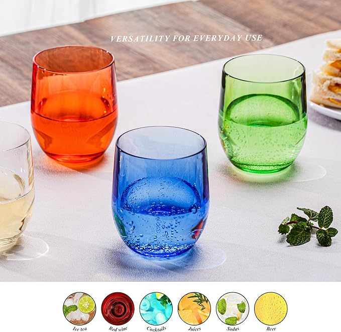 14oz Colorful Thick Stemless Wines Cups (Set of 6), Shatter-Proof Acrylic Old-fashioned Glasses, Reusable Plastic Bar Glasses, BPA-Free, Dishwasher-Safe