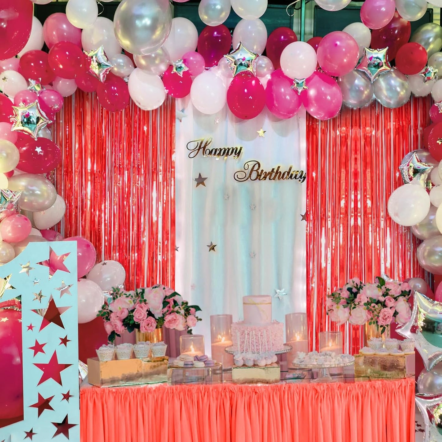 Accevo Red Party Streamers 3 Pack Metallic Foil Fringe Curtains Backdrop Curtains 3.2x8.2 Ft Tinsel Streamers for Parties Valentine's Day Christmas Carnival Decorations Casino Theme Party Decor
