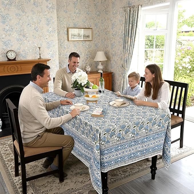 Ridhi Hand Block Print Asparagus Green Rectangle Cotton Tablecloth 90" x 60" Reusable Table Cover Decorative Everyday Use for Dining, Farmhouse, Home Gift for Spring, Easter, Valentine