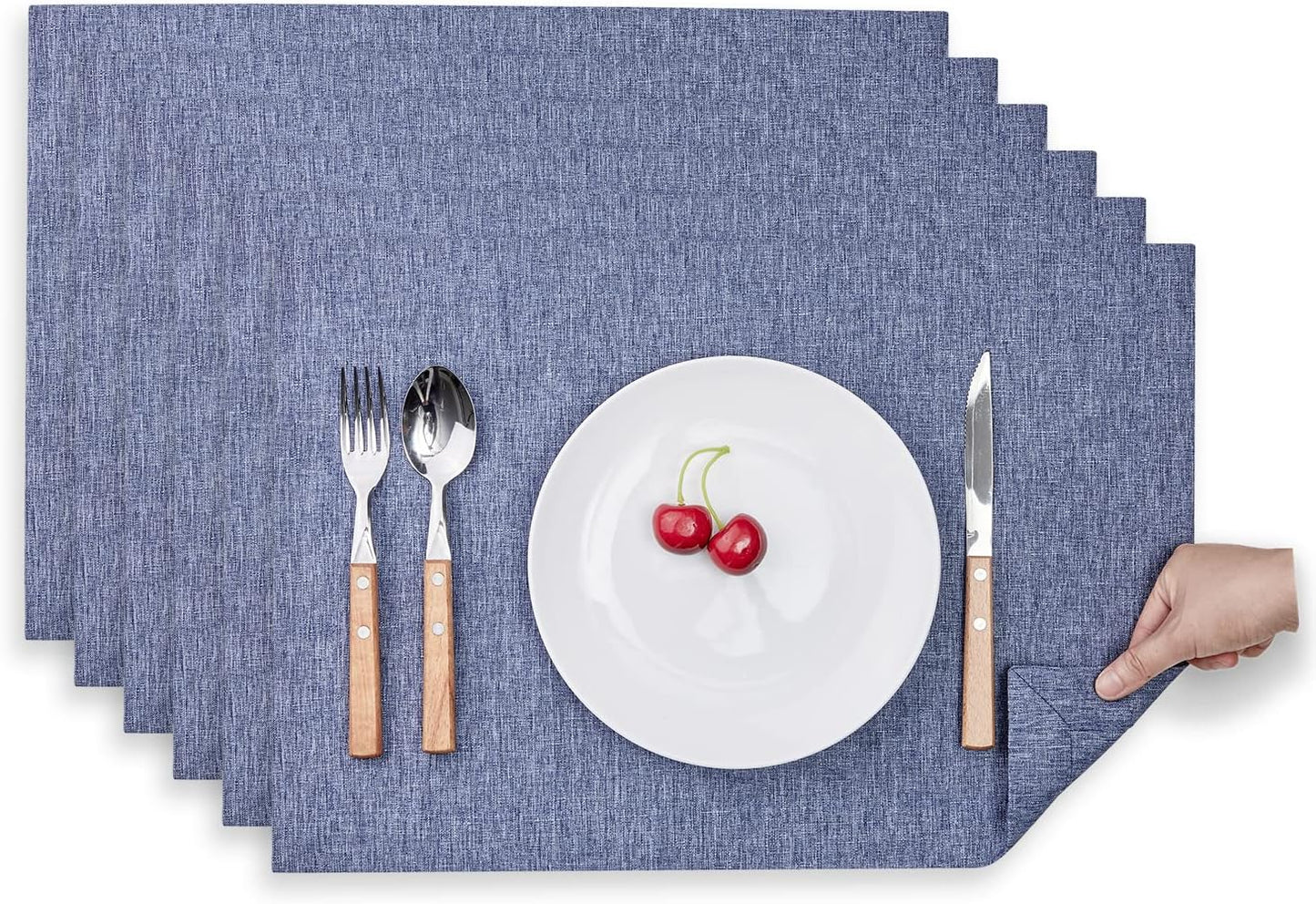 Mebakuk Cloth Placemats, Machine Washable Linen Style Thick Place Mats, Heat Resistant and Easy to Clean Fabric Table Mats for Kitchen Dining Table (Denim Blue, Set of 6)