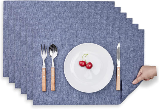 Mebakuk Cloth Placemats, Machine Washable Linen Style Thick Place Mats, Heat Resistant and Easy to Clean Fabric Table Mats for Kitchen Dining Table (Denim Blue, Set of 6)