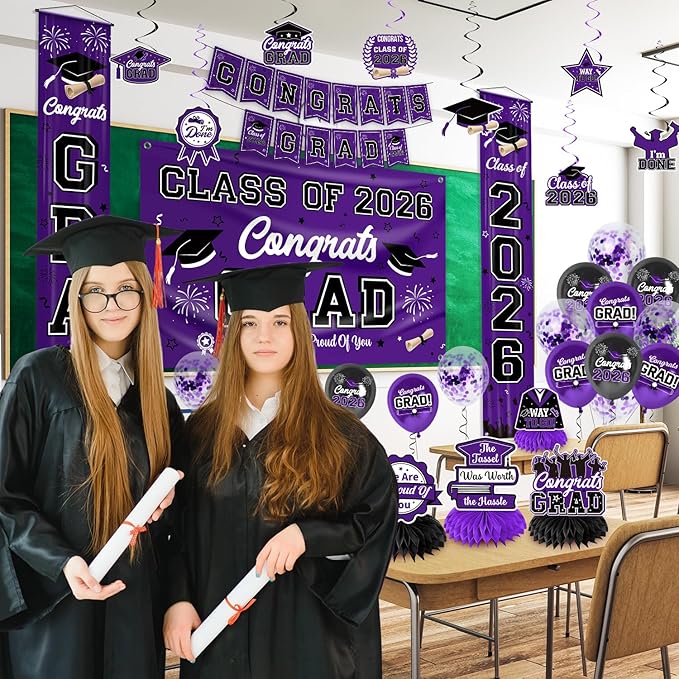 Graduation Decorations Class of 2026 Purple Graduation Party Decor Set include Congrats Grad Banner Backdrop Class of 2026 Balloons Party Supplies
