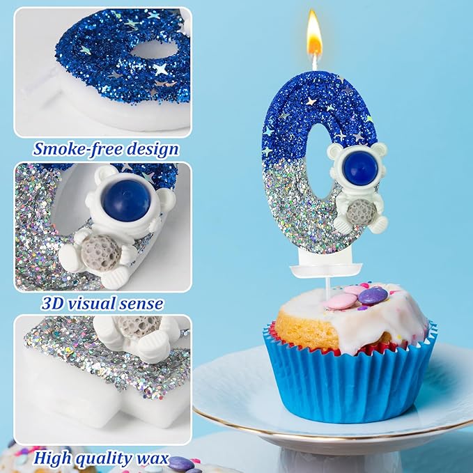 HXOUSE Astronaut 0 Birthday Candle - Space Universe Sparkler 0 Candle for Birthday Cake Boy, Topper for Party Decorations Anniversary Celebrations (Number 0)