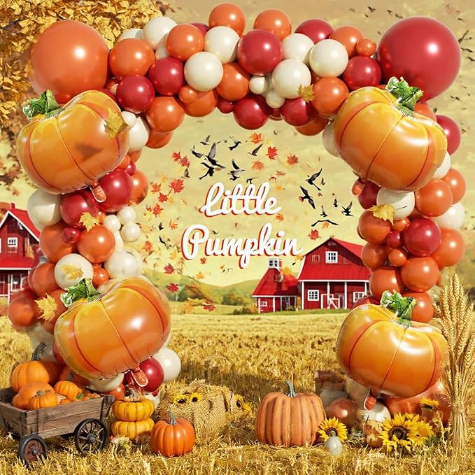 Fall Balloon Arch Garland Kit 153pcs with Pumpkins, Thanksgiving Balloons Arch Kit Burnt Orange Burgundy Yellow Balloons Different Sizes for Little Pumpkin Birthday Baby Shower Decoration