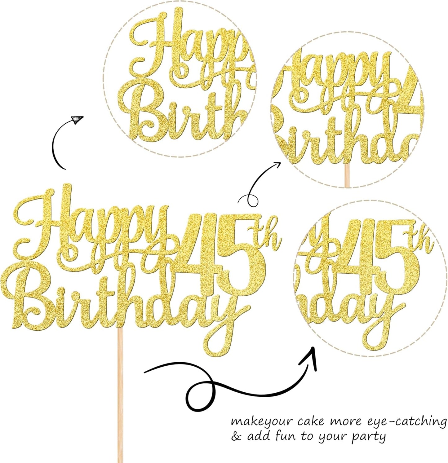 1 PCS Happy 45th Birthday Cake Topper Gold Glitter Cheers to 45 Years Birthday Cake Pick 45 Fabulous Cake Decoration for Happy 45th Birthday Theme Party Decorations Supplies