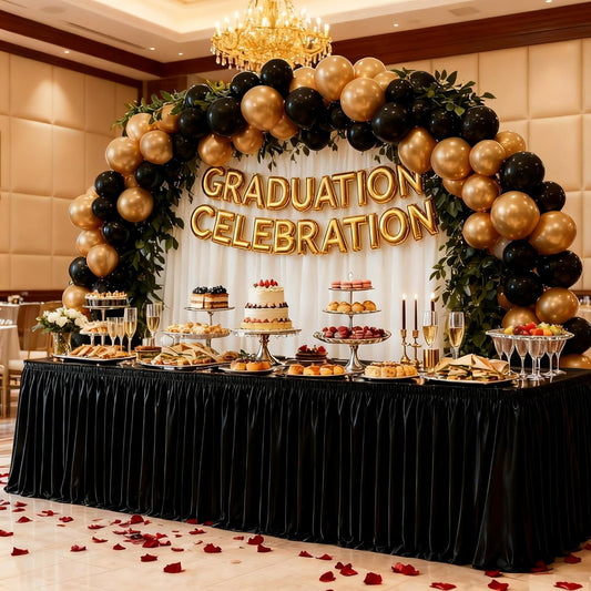 Wish Care 17ft Long Black Satin Table Skirt for Rectangle Wrinkle Free Glitter Desk Skirts Pleated Ruffle Table Cloth for Wedding Birthday Party Banquet Buffet Display Trade Show Table Decorations