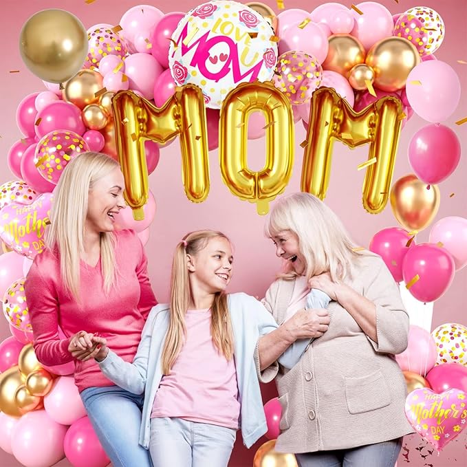 Mother's Day Balloon Arch, Hot Pink metallic Gold Balloon Garland Kit with Large Mom Foil Balloons, Pink Mother Heart Foil Balloons for Mom's Day Party Decorations