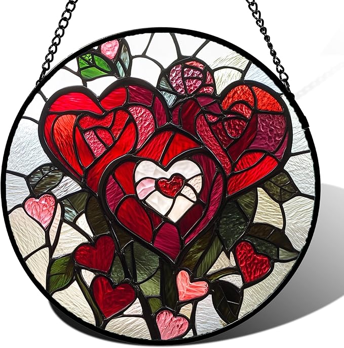 Stained Glass Window Hanging Red Heart-Shaped Roses Large 15" - Flower Suncatcher Door Garden Sun Catcher Decor Birthday Anniversary Valentines Day Gifts for Woman Wife Men Her Him Lovers