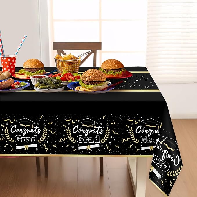 Childom 2 Pack Graduation Tablecloth,Graduation Decorations Class of 2026 Graduation Party Decorations,54"x108" Black and Gold Plastic Table Cloth Disposable Rectangle for Home,School,Party Supplies