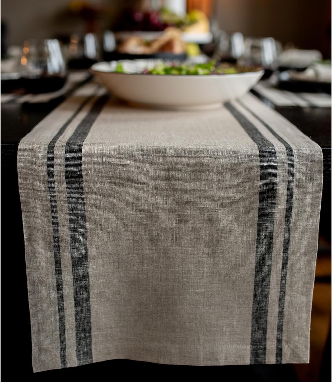 Solino Home Striped Linen Table Runner 108 Inches Long - French Stripe 100% Pure Linen Black and Natural Dining Table Runner 14 x 108 Inch for Fall, Autumn, Halloween, Thanksgiving, Holiday