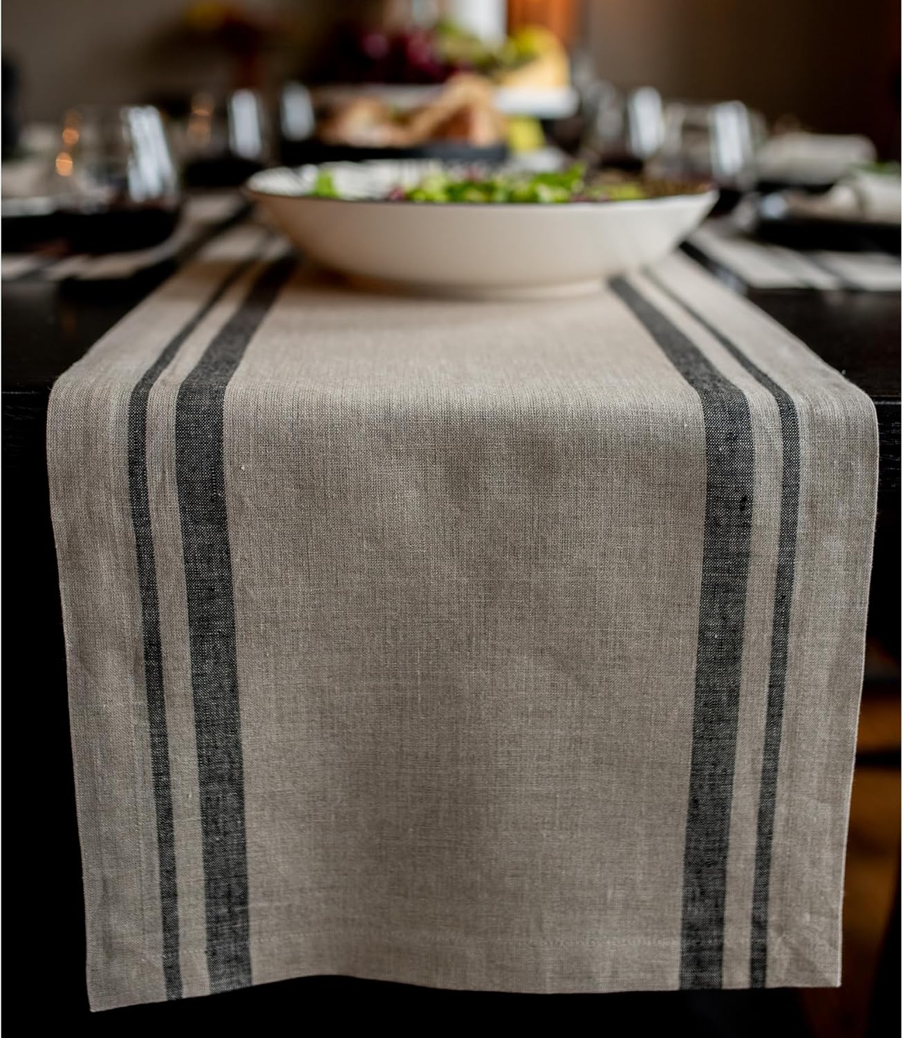 Solino Home Linen Table Runner 144 Inches Long - 100% Pure Linen Black and Natural French Stripe Table Runner 14 x 144 Inch for Dining, Thanksgiving