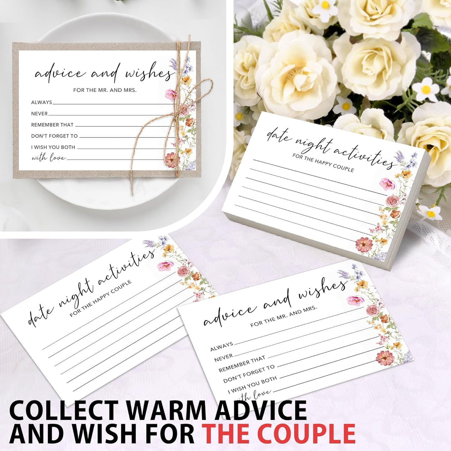 50 Pcs Advice and Wishes for the Mr and Mrs Cards - Bridal Shower Guest Book, Wedding Reception Decor, Newlywed Games, Engagement Party & Anniversary Keepsake -B06