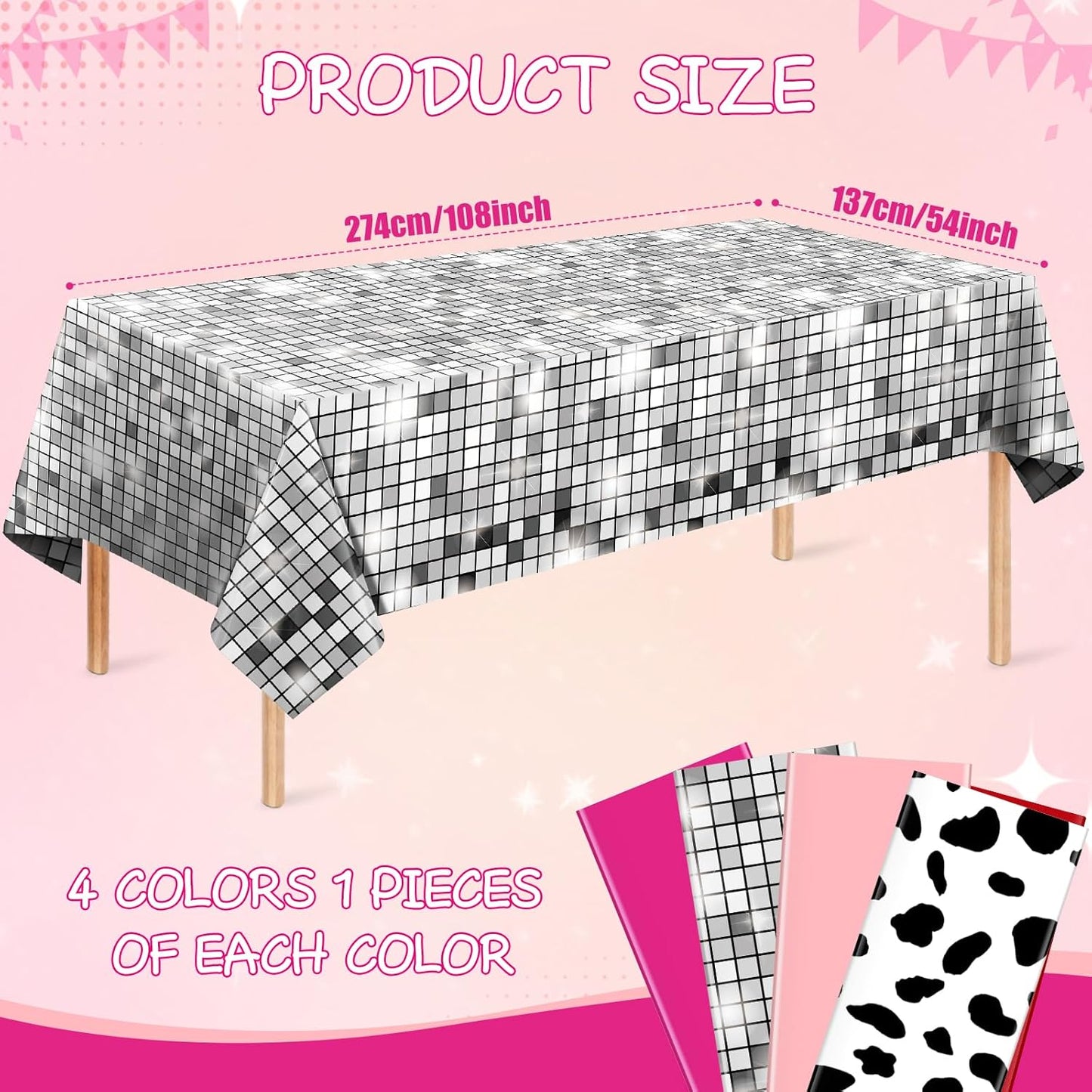 4 Pack Disco Cowgirl Tablecloth Party Decorations, Pink Cow Print Disposable Table Cover, Rectangle Table Cloth for Pink Cowgirl Birthday Disco Bachelorette Party Supplies Decorations, 54 x 108 Inch