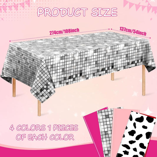 4 Pack Disco Cowgirl Tablecloth Party Decorations, Pink Cow Print Disposable Table Cover, Rectangle Table Cloth for Pink Cowgirl Birthday Disco Bachelorette Party Supplies Decorations, 54 x 108 Inch