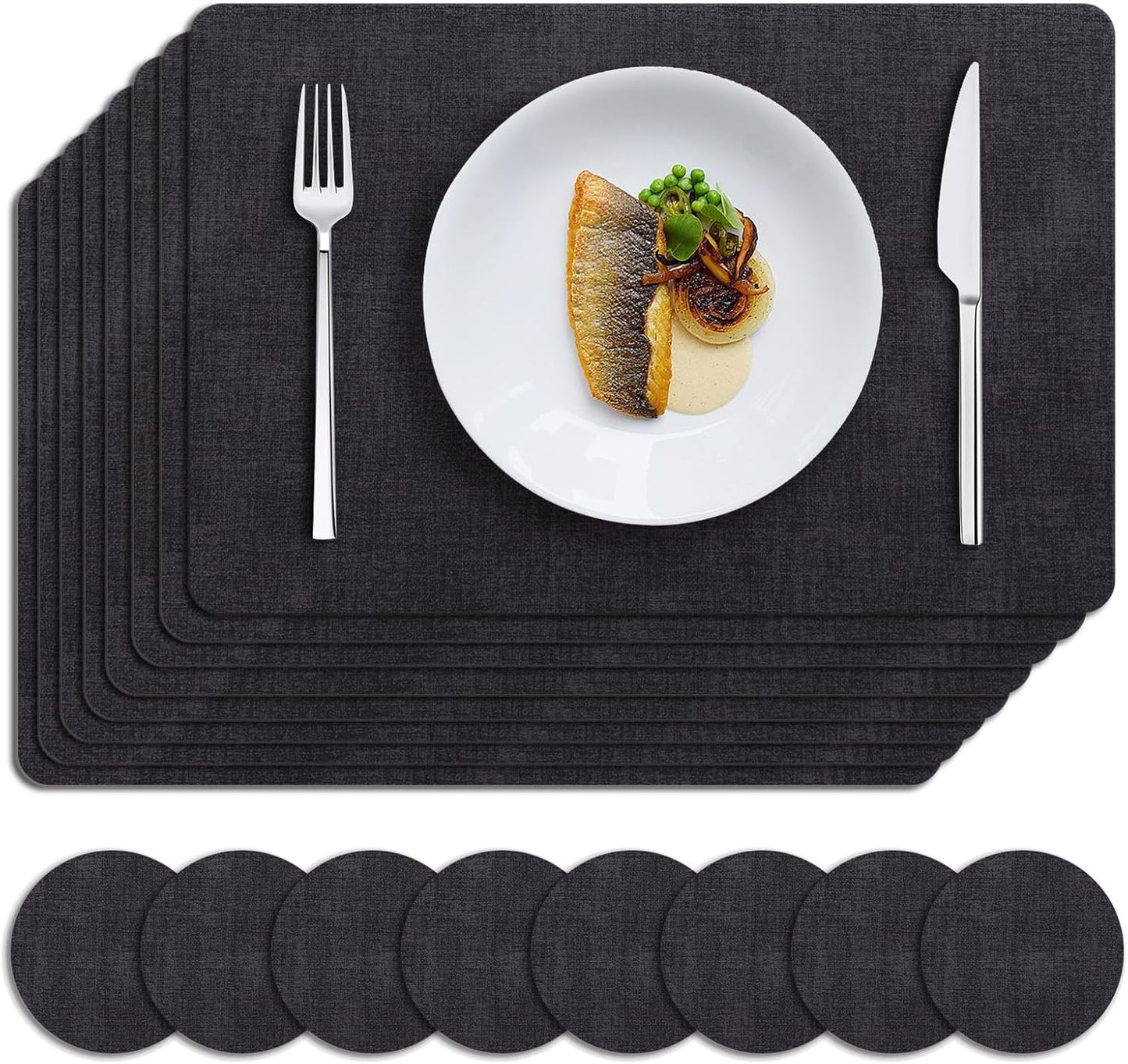 MOSAYT Placemats Set of 8, Heat Resistant Vinyl Place Mats with Coasters, Wipeable Washable 100% Waterproof Oil Proof Faux Leather Table Mats for Kitchen Dining Party Outdoor, 12" x 18", Black