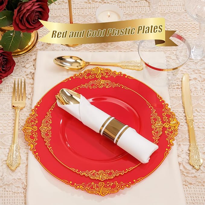 Nervure 100PCS Red and Gold Plastic Plates - 10.25inch Red Disposable Plates - Heavyweight Dinner Plate for Wedding & Party