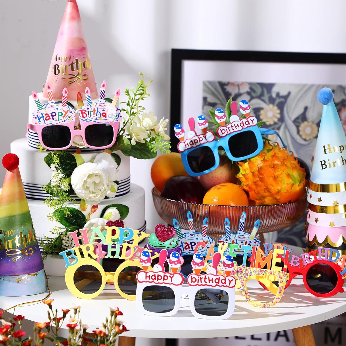 16 Pcs Birthday Party Hats Party Cone Hat with Pom Poms Birthday Glasses Photo Booth Props for Kids Adults (Cute Style)