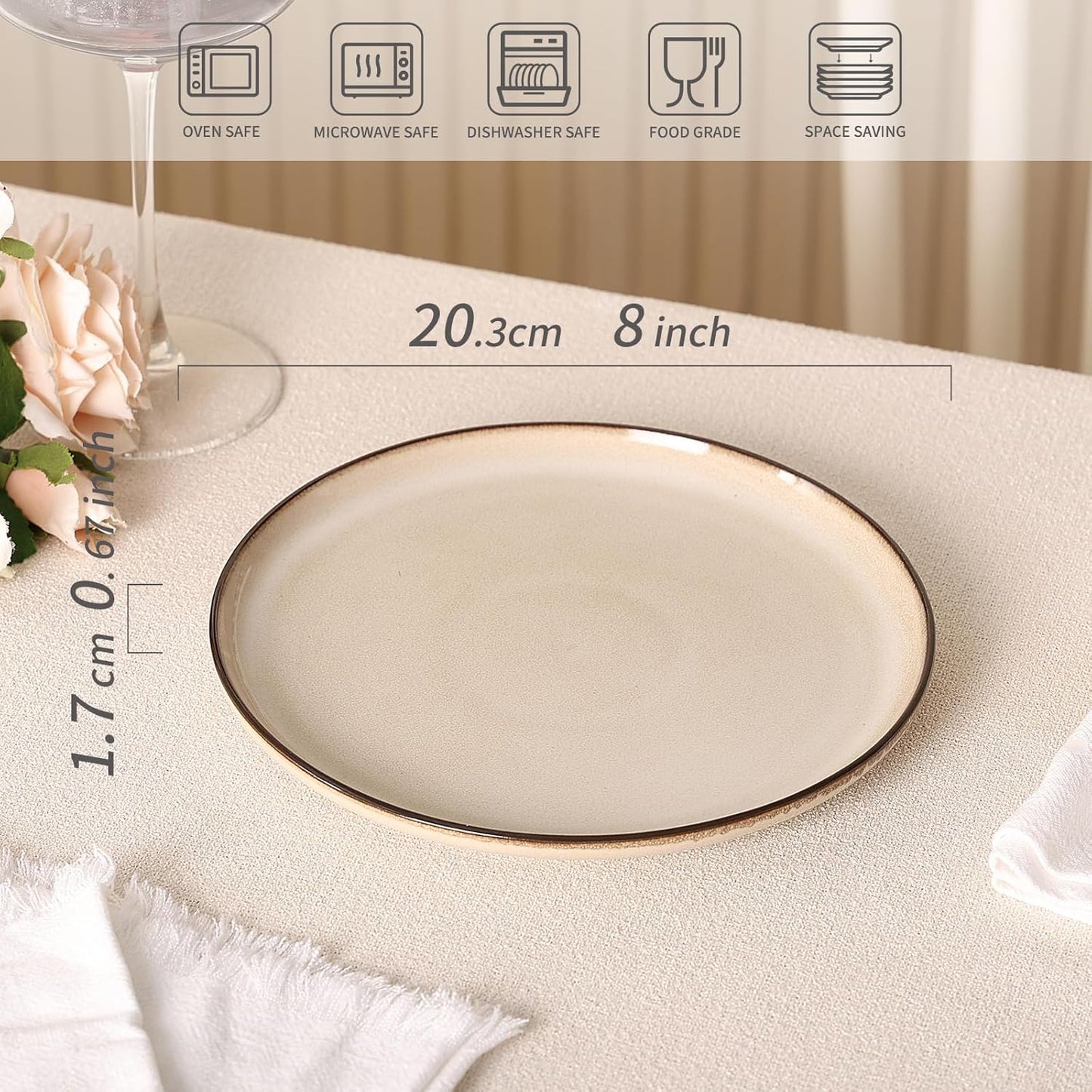 Ceramic Salad Dessert Plates Set: 8 inch Porcelain Reactive Glaze Plates Set, Mordern Stoneware Kitchen Dinnerware Dishes Set, Microwave & Dishwasher Safe, Scratch Resistant, Set of 6 (Beige)