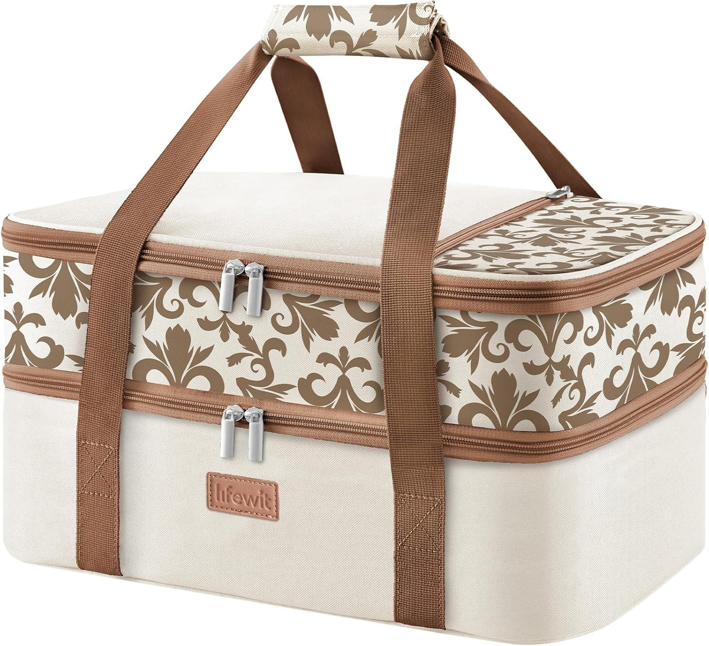 Lifewit Double Decker Casserole Carrier for Hot or Cold Food, Insulated Casserole Baking Dish Bag Food Carrier, Lasagna Holder for Potluck/Parties/Picnic/Cookouts, Fits 9"x13" Baking Dish, Cream