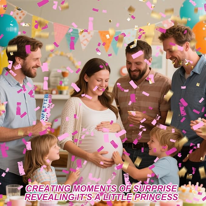 4 Pack Gender Reveal Confetti Cannon, 12 in Pink Rectangle Shaped Paper Party Poppers Cannons, Confetti Poppers For Baby Boy Girl Gender Reveal Baby Showers (Rectangle, Pink)