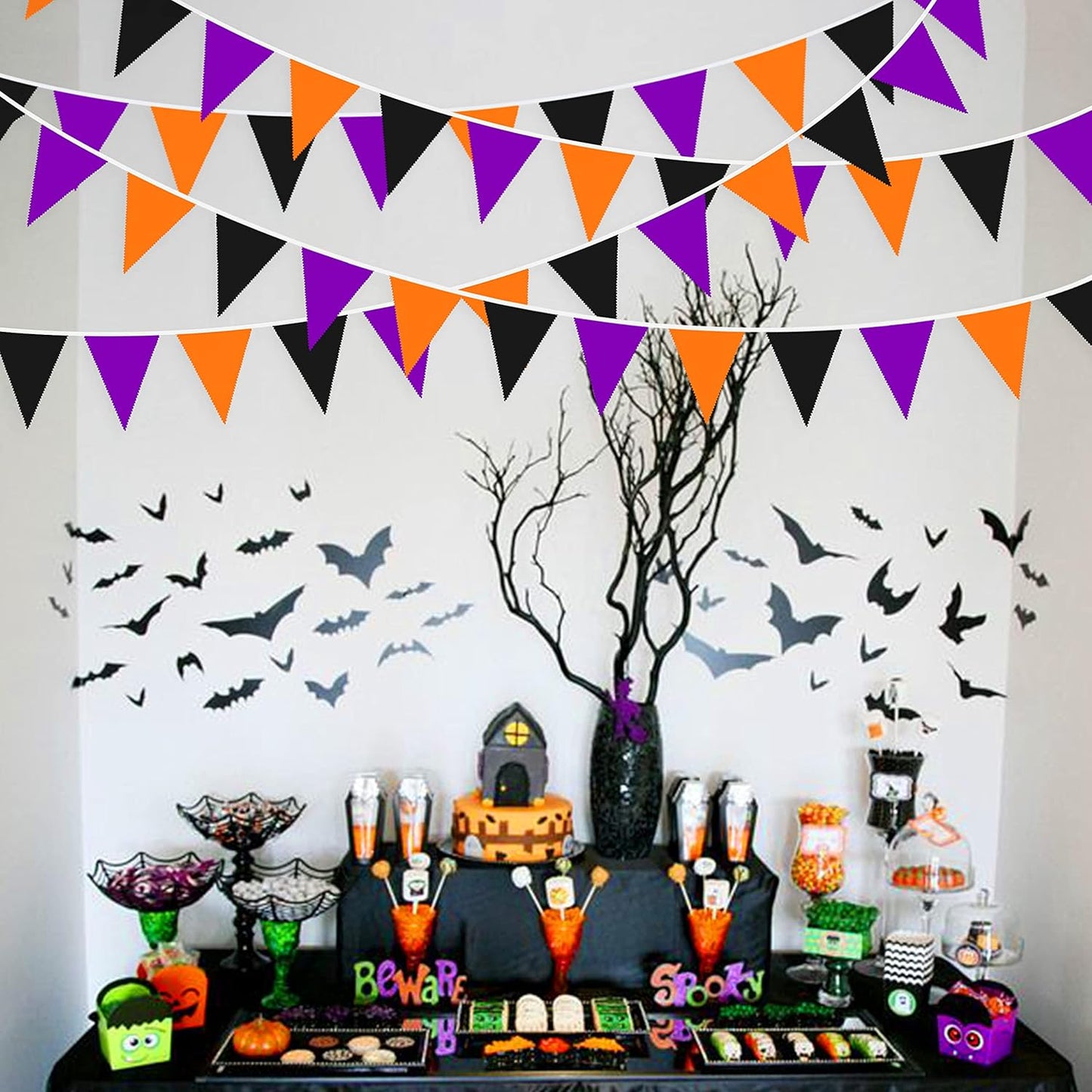 32Ft Orange Black Purple Halloween Pennant Banner Fabric Triangle Flag Bunting Garland for All Hallows Eve Wedding Birthday Home Nursery Outdoor Garden Hanging Festivals Decoration (36Pcs)
