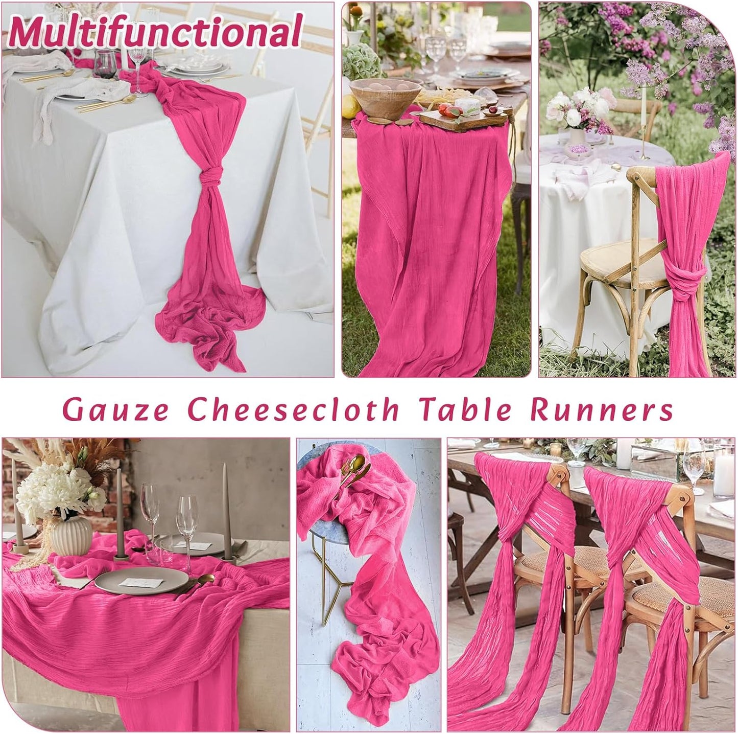 4Pack Hot Pink Cheesecloth Table Runner 10FT Gauze Cheese Cloth Table Runner 35x120Inch Long Boho Spring Easter Table Runners Rustic Sheer Table Runners for Wedding Baby Shower Bridal Shower Decor