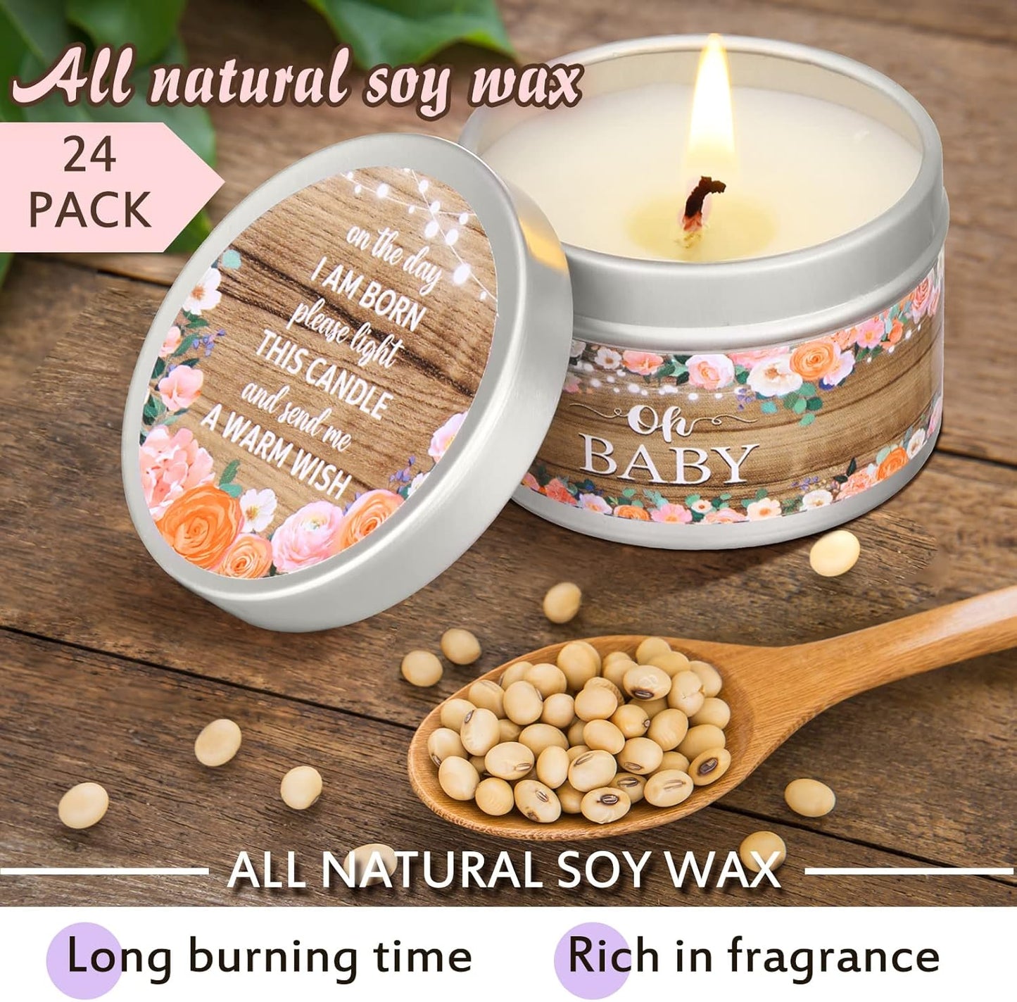 MTLEE 24 Pcs Wood Grain Baby Shower Party Favors Candles Lavender Scented Baby Shower Favors for Guests Rustic Tealights Candles Gender Reveal Return Gifts Girl Boy(1.2 Oz, Khaki)