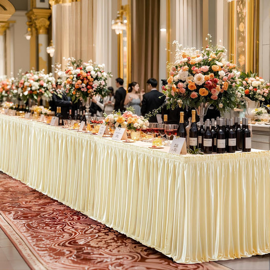 Wish Care 17ft Length Champagne Satin Table Skirt for Rectangle Tables Wrinkle Free Glitter Desk Skirts Pleated Ruffle Table Cloth for Wedding Birthday Bridal Shower Party Table Skirting Decorations