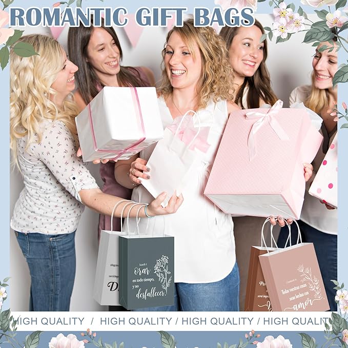 Kolldenn 40 Pcs Spanish Bible Verse Bags Bulk Christian Gift Bags with Handles Inspirational Flower Boho Biblical Religious Gifts for Church Sunday School Mother's Day Baptism Party(Earthy Tones)