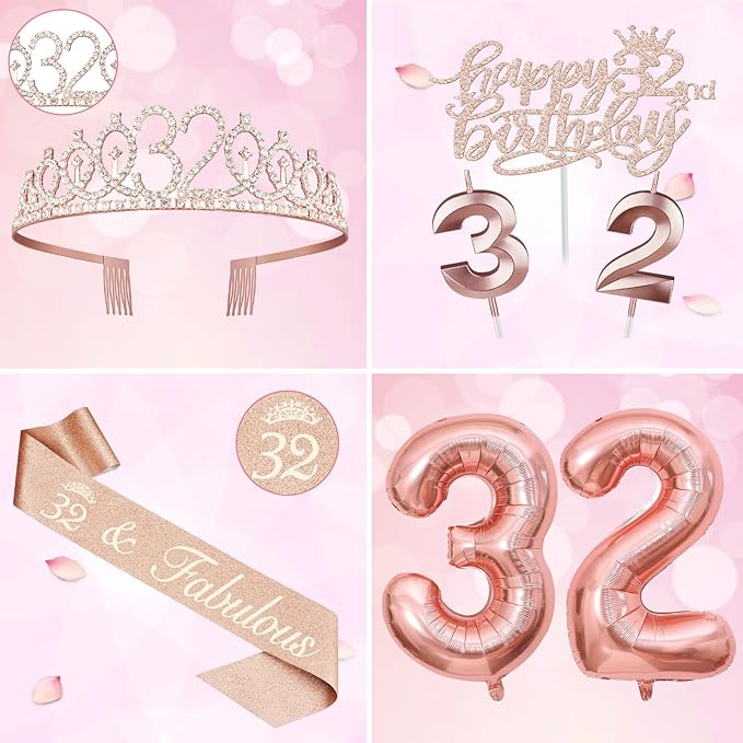 32 Birthday Decorations for Women, Including 32nd Birthday Sash and Tiara, Cake Topper and Candles, Number Balloons, 32 Year Old Gifts for Women
