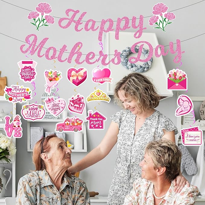 Mother’s Day Decorations Set – Happy Mother’s Day Banner with Floral Garland, Hanging Swirls, and Heart & Flower Cutouts for Mother’s Day Party, Home Décor, and Photo Backdrop