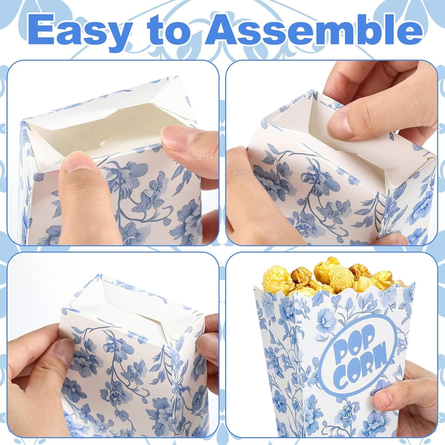 Marspark 50 Pack Blue Floral Party Popcorn Boxes - Chinoiserie Flowers Vintage Paper Popcorn Boxes Individual Servings for Christmas, Birthday, Movie Night, Carnivals