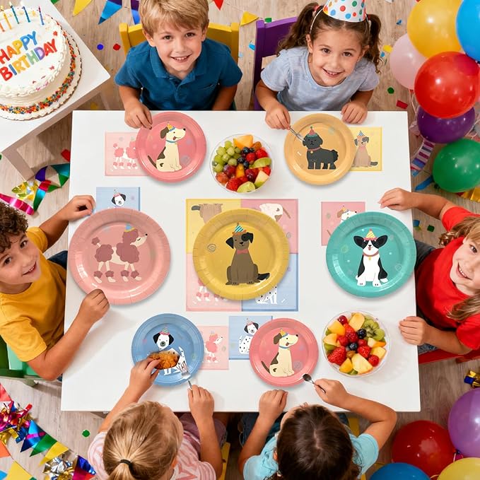 182Pcs Pet Dog Birthday Party Decorations,Retro Puppy Themed Paper Plates Napkins Disposable Pet Dog Tableware Supplies,for Baby Shower Kids Birthday Party Favor,Serve 30 Guests