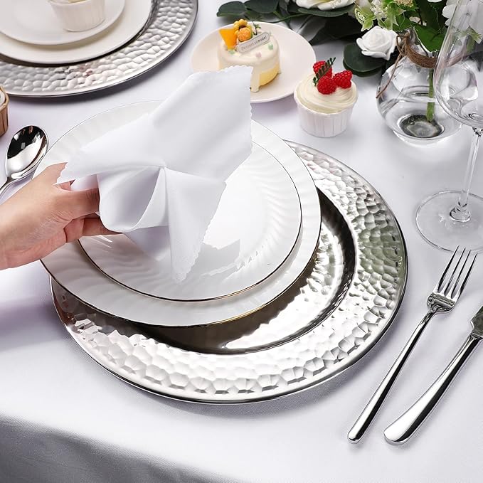 12 Packs Chargers Plates Bulk 13 Inch Stainless Steel Hammered Rim Round Elegant Dinner Plates Luxury Decorative Chargers for Wedding Party Catering Upscale Events (Silver)