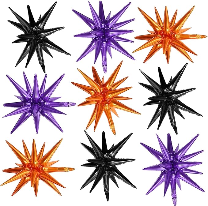 Black Purple Orange Star Balloons,9Pcs 22Inch Black Orange Purple Explosion Spike Cone Helium Polyester Film Star Foil Balloons for Halloween Birthday Baby Shower Party Decorations