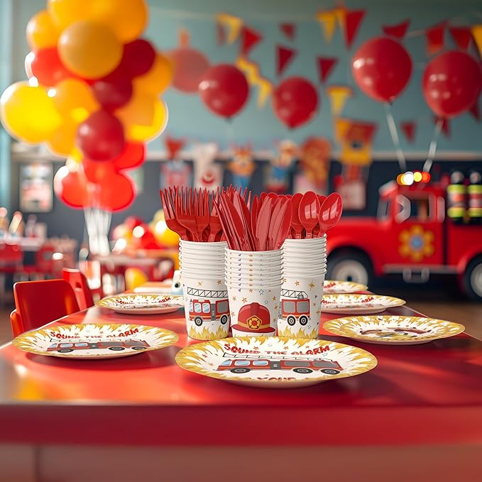 Firetruck Party Decorations - Firefighter Party Plates and Napkins for Kids, Serves 40 Guests