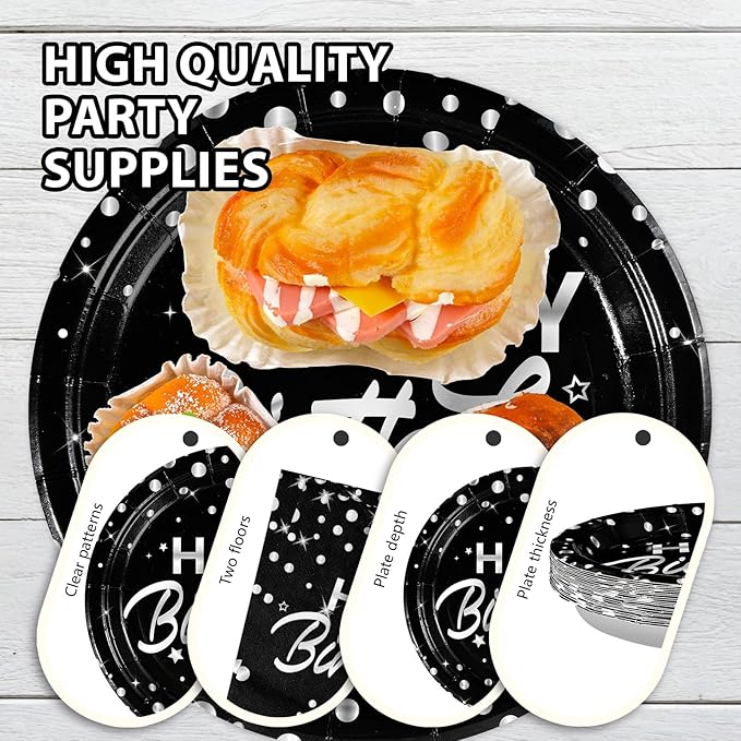 Grencian 96Pcs Black and Silver Happy Birthday Party Supplies Decorations Silver Star Polka Dots on Black Paper Plates and Napkins Disposable Dessert Tableware Set for Women Men Adult Party Serves 24