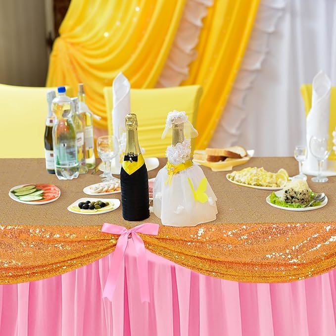 5 Pcs Fairytale Themed Party Table Cover Pink and Gold Sequin Tulle Table Skirt 30 x 108 Inch Century Slumber Fantasy Cloth for Birthday Party Decor Supplies