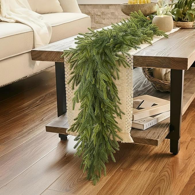 9FT Christmas Garland Norfolk Pine Garland Real Touch Faux Greenery Cedar Garlands for Mantle,Table,Wall,Christmas Decorations Indoor Outdoor