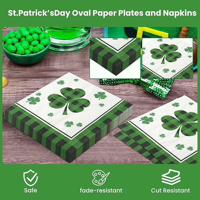 Dereinwo 100 PCS St Patricks Day Paper Plates and Napkins | Bundle Includes Paper Oval Dinner Plates Dessert Plates and Napkins for Irish Holiday Party Supplies Themed Tableware | Serve 25