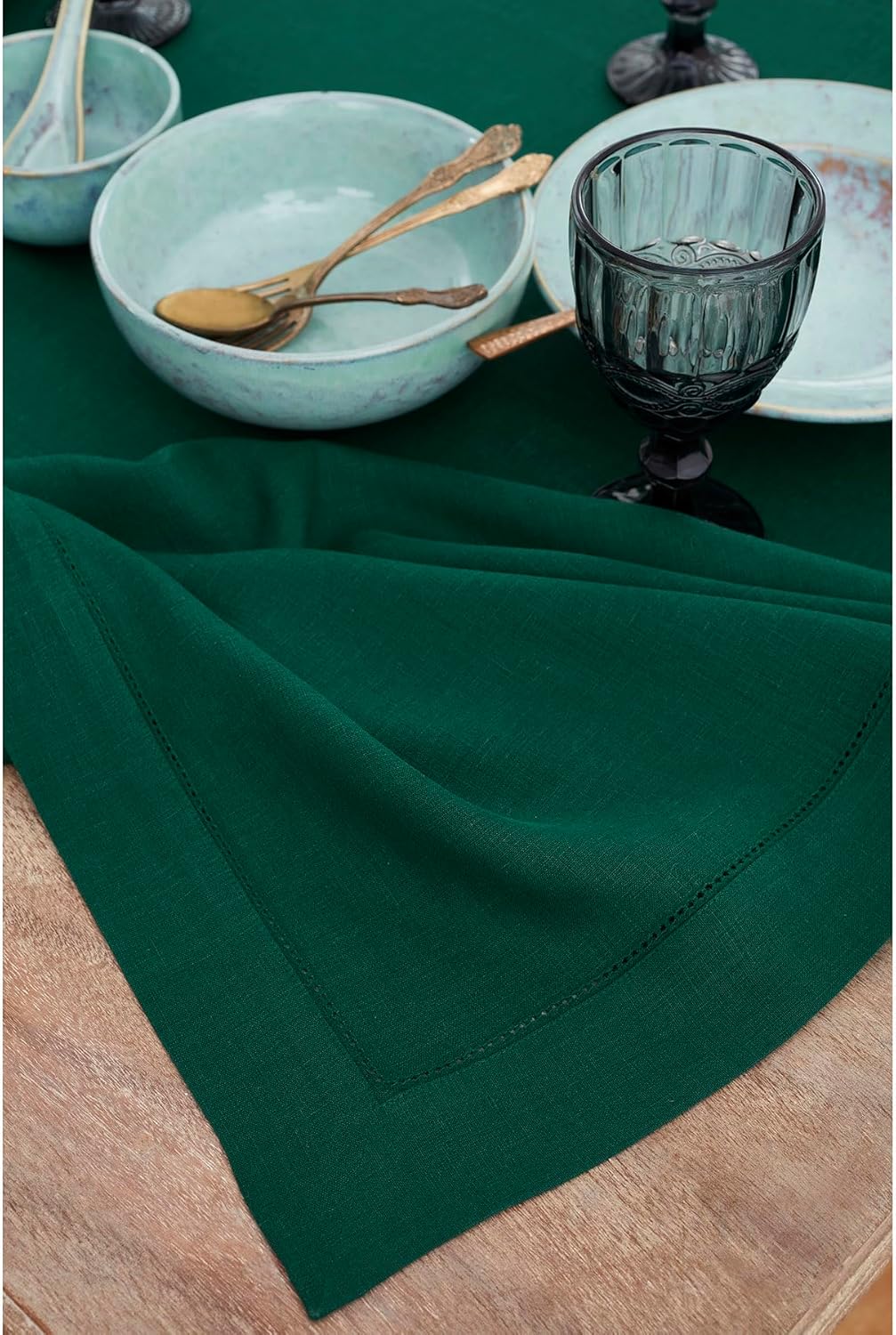 Solino Home Linen Tablecloth for Rectangle Tables 54 x 72 Inch - Classic Hemstitch 100% Pure Linen Rainforest Green Table Cloth - Machine Washable Cloth Tablecloth for Fall, Autumn, Thanksgiving