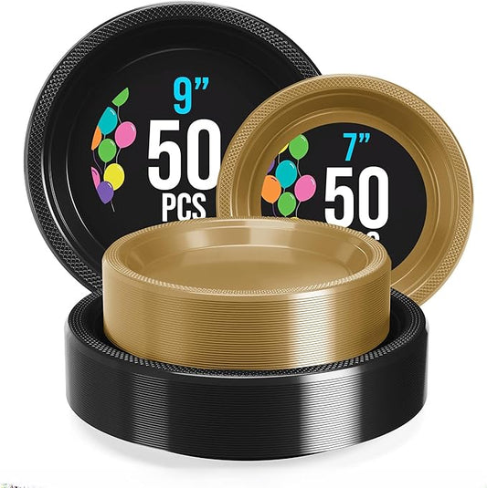 Party Solids Black and Gold Plastic Plates For Party Supplies, Black and Gold Disposable Plates 100 Pcs - 50-7" & 50-9" Heavy Duty 350 GSM Disposable Dinnerware Sets, Plastic Dinnerware Sets