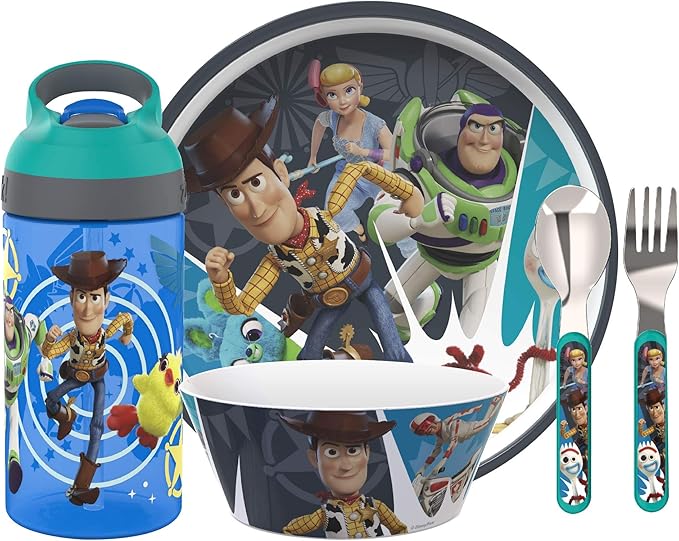 Zak Designs 5-Piece Dinnerware Set, Disney and Pixar Toy Story 4 - Durable Plastic & Stainless Steel - Includes Water Bottle, 8-Inch Plate, 6-Inch Bowl, Fork & Spoon - Suitable for Kids Ages 3+