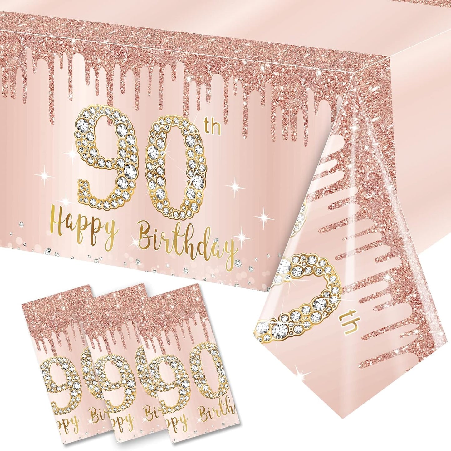 3 Pcs 90th Birthday Tablecloth Decorations, Pink Rose Gold Happy 90 Birthday Theme Table Cover, Plastic Disposable Rectangular Table Cloth Decor