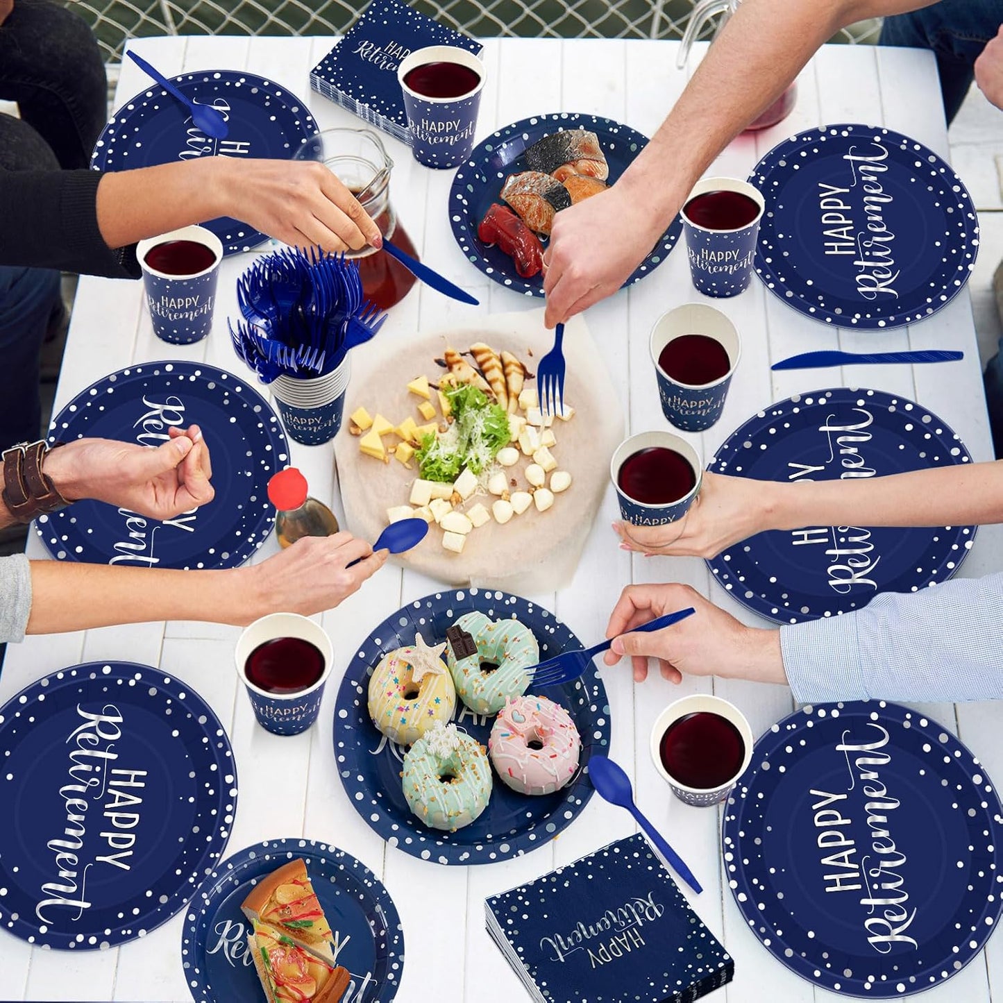 Pickmesh 192 Pcs Retirement Party Decorations Happy Retirement Paper Plates and Napkins Set with Cups and Knife Fork Spoon,Farewell Party Disposable Tableware for 24 Guest Women Men(Blue)