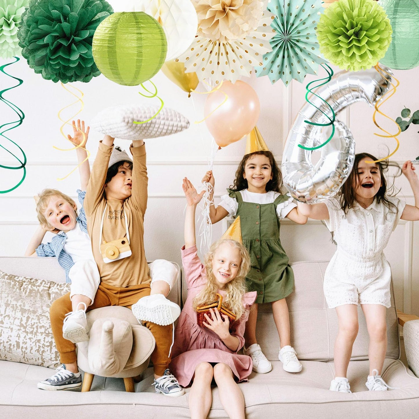 Sage Green Champagne-Gold Birthday Party-Decorations - 21pcs Happy Banner,Olive Retro Paper Lanterns Pom Poms,Rustic Boho Neutral Streamers Garland,Women Girls Boy Decor Supplies Huglony
