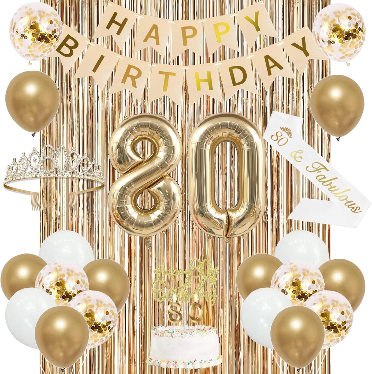 Trgowaul 80th Birthday Decorations for Women, Banner, Sash and Crown, Cake Topper, 80 Number Balloon, Fringe Curtains, Champagne Gold 80th Birthday Party Supplies