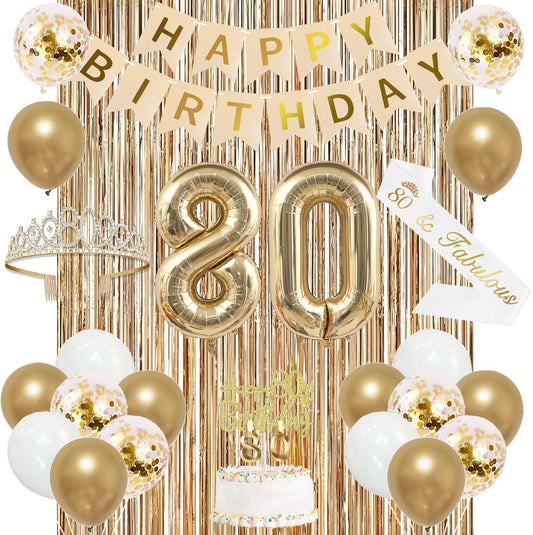 Trgowaul 80th Birthday Decorations for Women, Banner, Sash and Crown, Cake Topper, 80 Number Balloon, Fringe Curtains, Champagne Gold 80th Birthday Party Supplies