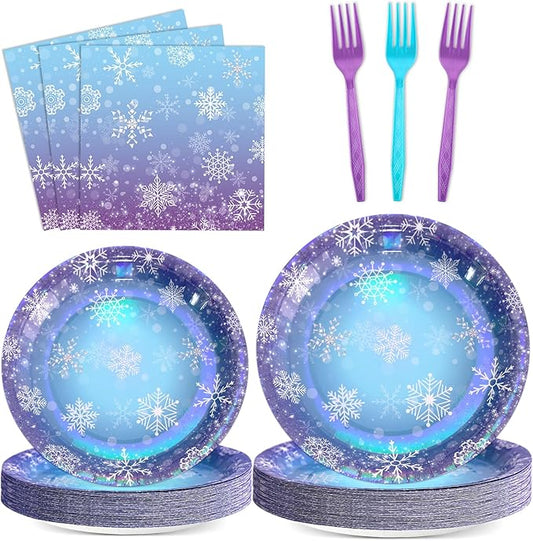 96 Pcs Winter Snowflake Paper Plates and Napkins Blue Purple Snowflake Disposable Tableware Winter Wonderland Dinnerware for Christmas New Year Birthday Party Decor Supplies
